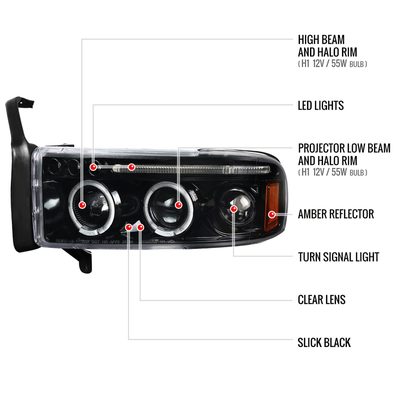 1994-2001 Dodge RAM 1500 2500 3500 Dual Halo Projector Headlights Jet Black