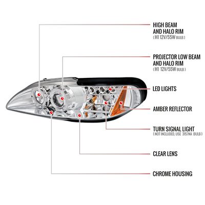 1994-1998 Ford Mustang Dual Halo Projector Headlights Chrome/Clear Lens