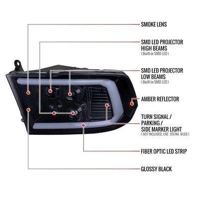 For Dodge RAM 1500 2009-18 / RAM Classic 2019 / 2500 3500 2010-18 LED Bar Turn Signal Projector Headlights Glossy Black Housing Smoked Lens