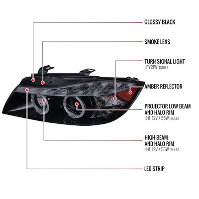 2006-2008 BMW E90 3 Series Sedan Dual Halo Projector Headlights LED Smoke