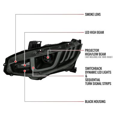 2016-2021 Honda Civic Projector Headlights LED Sequential Turn Signal Smoke