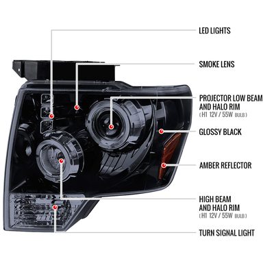 2009-2014 Ford F-150 Dual Halo Projector Headlights Glossy Black/Smoke Lens