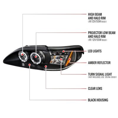 1994-1998 Ford Mustang Dual Halo Projector Headlights Matte Black/Clear Lens