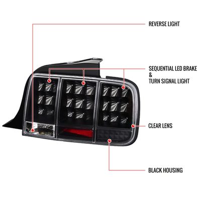 2005-2009 Ford Mustang Sequential LED Tail Lights Matte Black/Clear Lens