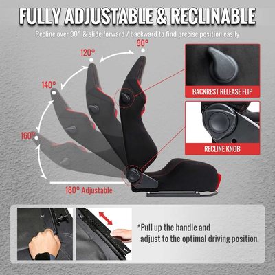 Universal Racing Seat Bright Red Suede Front Black Suede Black Double Red Stitch
