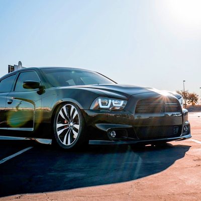 2011-2014 Dodge Charger Dual LED U-Bar Projector Headlights Jet Black/Clear