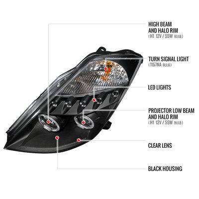 2003-2005 Nissan 350Z Dual Halo Projector Headlights Matte Black/Clear Lens