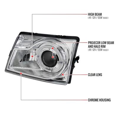 1998-2000 Ford Ranger Halo Projector Headlights Chrome Housing/Clear Lens