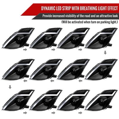 2006-2009 Nissan 350Z Turn Signal Animated LED Bar Projector Headlights Black