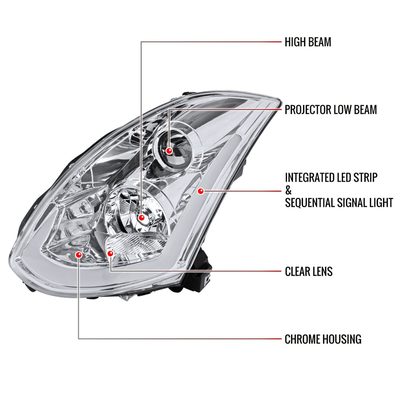 2003-2007 Infiniti G35 Coupe LED Bar Projector Headlights Turn Signals Chrome