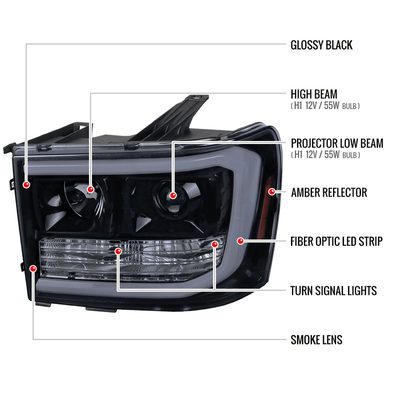 2007-2013 GMC Sierra 1500 1500HD 2500HD 3500HD LED C-Bar Headlights Smoke