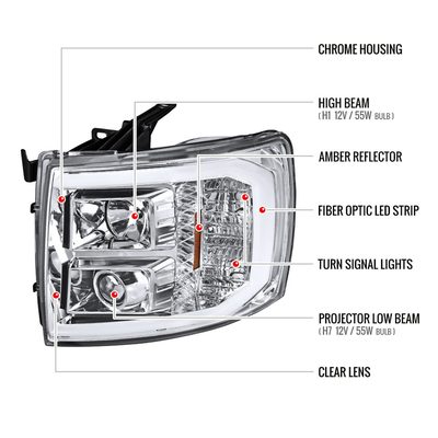 2007-2013 Chevy Silverado 1500/ 2500HD 3500HD LED C-Bar Headlights Chrome