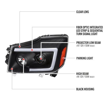 2004-2015 Nissan Titan / 04-2007 Armada LED C-Bar Headlights Signal Black