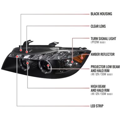 2006-2008 BMW E90 3 Series Sedan Dual Halo Projector Headlights LED Black