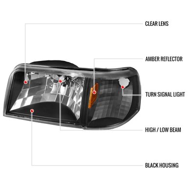 1993-1997 Ford Ranger Factory Headlights Corner Lights&Amber Reflector Black