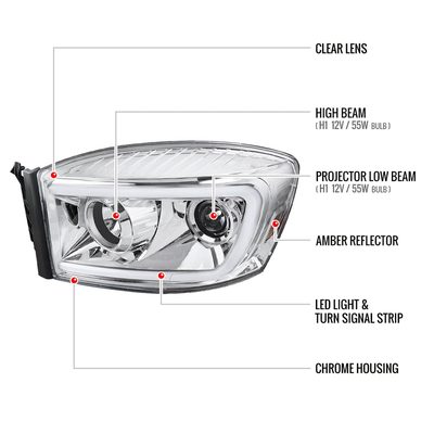 2006-2008 Dodge RAM 1500/ 06-2009 2500 3500 LED CBar Projector Headlights Chrome