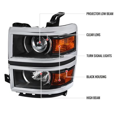 2014-2017 Chevy Silverado 1500 Projector Headlights Matt Black/Chrome Trim