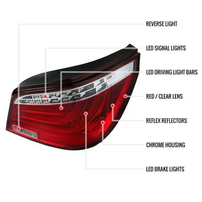 2008-2010 BMW E60 5 Series Sedan LED Tail Lights Chrome Housing/Red Lens