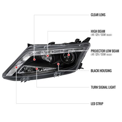 2010-2012 Ford Fusion Projector Headlights w/ LED Light Strip Matt Black/Clear