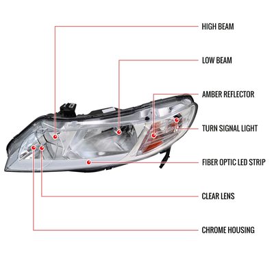 2006-2011 Honda Civic 4DR Sedan Factory Headlights w/LED Strip Chrome/Clear