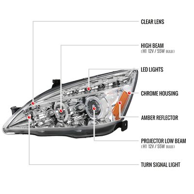 2003-2007 Honda Accord Dual Halo Projector Headlights Chrome/Clear Lens