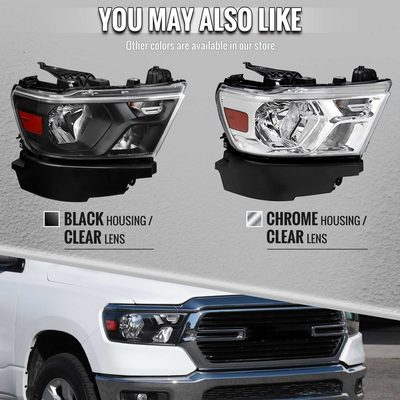 For Dodge RAM 1500 2019-2024 Factory Style Crystal Headlight Passenger Side Only Black Housing Clear Lens