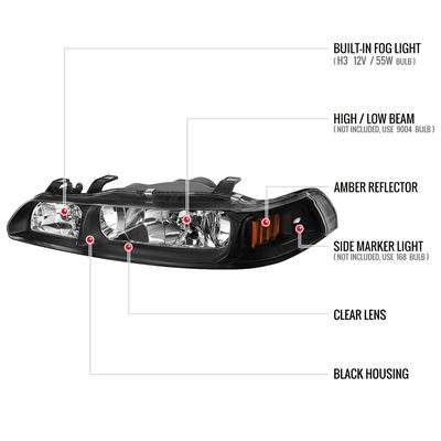 1990-1993 Acura Integra Factory Crystal Headlights Amber Reflectors Black