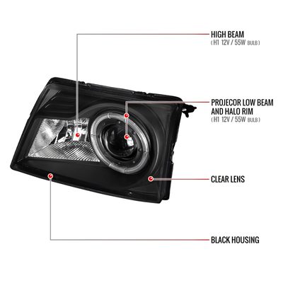 1998-2000 Ford Ranger Halo Projector Headlights Matte Black/Clear Lens