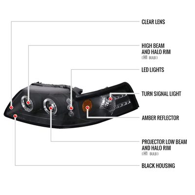 1999-2004 Ford Mustang Dual Halo V2 Projector Headlights Matte Black/Clear