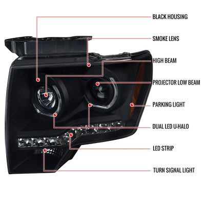 2009-2014 Ford F-150 Dual U-Ring Halo Projector Headlights LED Light Smoke