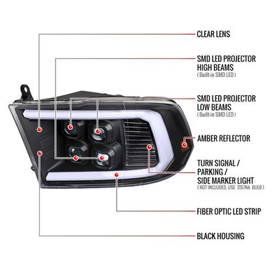 For Dodge RAM 1500 2009-18 / RAM Classic 2019 / 2500 3500 2010-18 LED Bar Turn Signal Projector Headlights Matte Black Housing Clear Lens