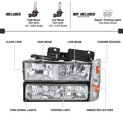 1988-1993 Chevy C/K Blazer/Tahoe/ Sierra/Yukon Headlights Lights Set Chrome