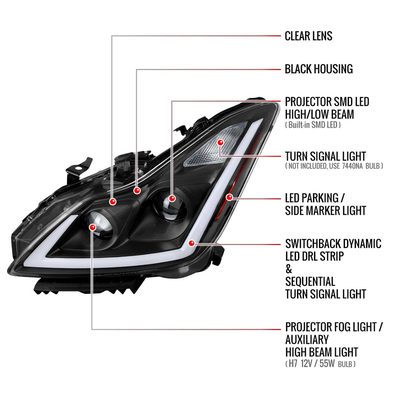 For Infiniti G37 2008-13 / Q60 Coupe 2014-15 LED Projector Headlights Sequential Matte Black Clear Lens Switchback