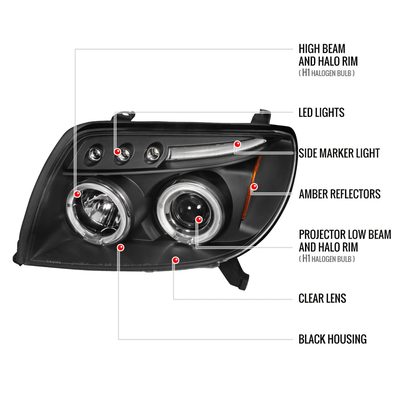 2003-2005 Toyota 4Runner Dual Halo Projector Headlights Matte Black/Clear Lens