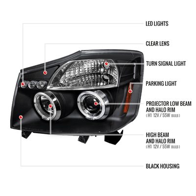 2004-2015 Nissan Titan/ 04-2007 Armada Dual Halo Projector Headlights Matt Black