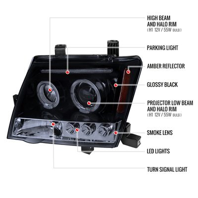 2005-2015 Nissan Xterra Dual Halo Projector Headlights Glossy Black/Smoke Lens