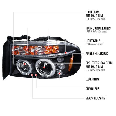 1997-2004 Dodge Dakota/ 1998-2003 Durango Dual Halo Projector Headlights Black