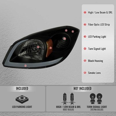 For Chevrolet Cobalt / Pontiac G5 2005-2010 Factory Style Headlights With LED DRL Light Strip Black Housing Smoked Lens