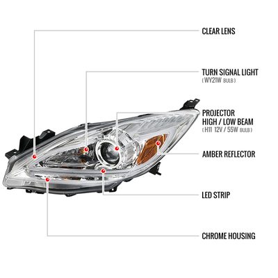 2010-2013 Mazda 3 Projector Headlights w/ LED Light Strip Chrome/Clear Lens