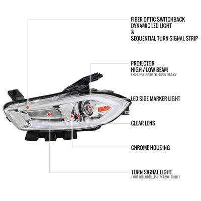 2013-2016 Dodge Dart Sequential Animated LED Bar Projector Headlights Chrome