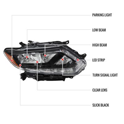 2014-2016 Nissan Rogue LED Strip Factory Passenger/Right Side Headlight Black