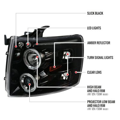 2007-2013 Chevy Silverado 1500 2500HD 3500HD Dual Halo Headlights Jet Black
