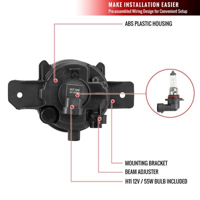 2012-2014 Nissan Versa H11 Fog Lights Kit Switch & Wiring Harness Chrome/Clear