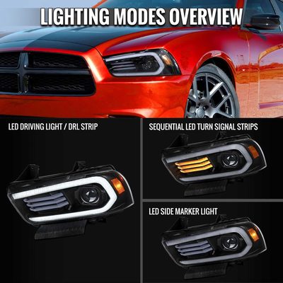 For Dodge Charger 2011-2014 Headlights LED DRL Light Strip Turn Signal Side Marker Black Housing Clear Lens