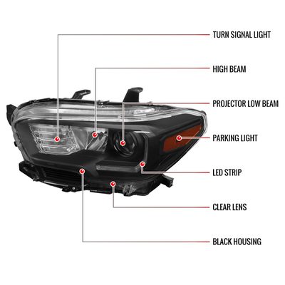 2016-2023 Toyota Tacoma LED Bar Projector Headlight Matte Black/Clear Lens