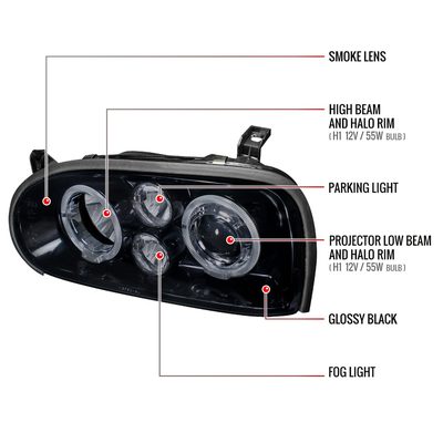 1993-1998 VW Golf Mk3/Cabrio Dual Halo Projector Headlights Black/Smoke