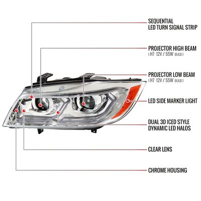2006-2011 BMW E90 3 Series Sedan 3D Iced LED Dual Projector Headlights Chrome