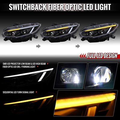 For Honda Civic 2016-2021 Full LED Projector Headlights Sequential DRL Matte Black Clear Lens