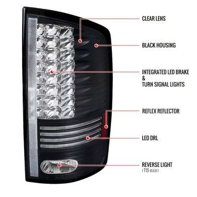 2002-2006 Dodge RAM LED Tail Lights Matte Black Housing/Clear Lens