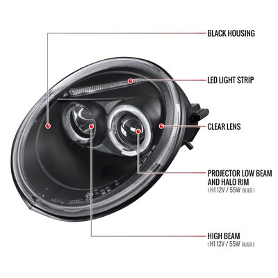1998-2005 VW Beetle Halo Projector Headlights Matte Black/Clear Lens